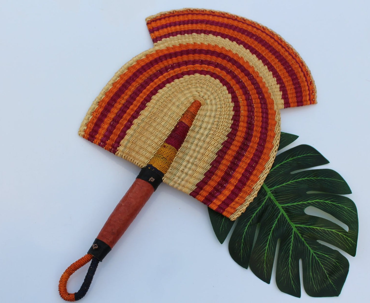 Orange and brown beautiful handwoven and decorative Bolga fan, hand fan, African fan, Ghanaian fan