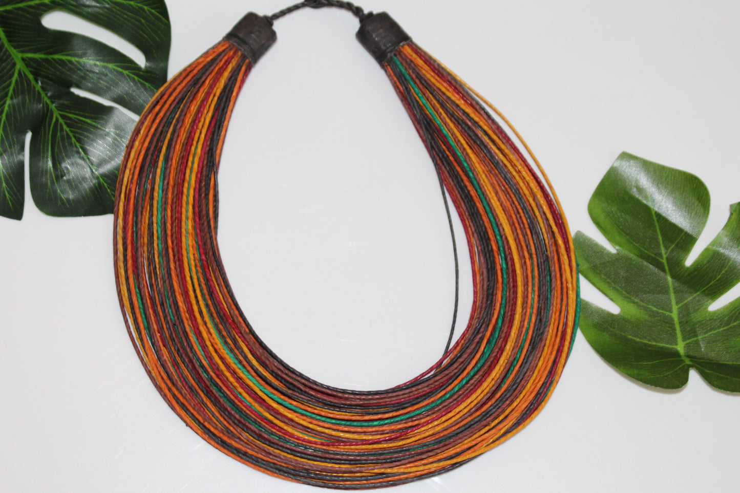 Multi-coloured leather layered statement necklace