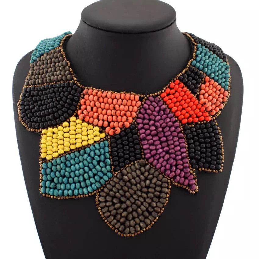 Multi coloured bead bib style statement necklace