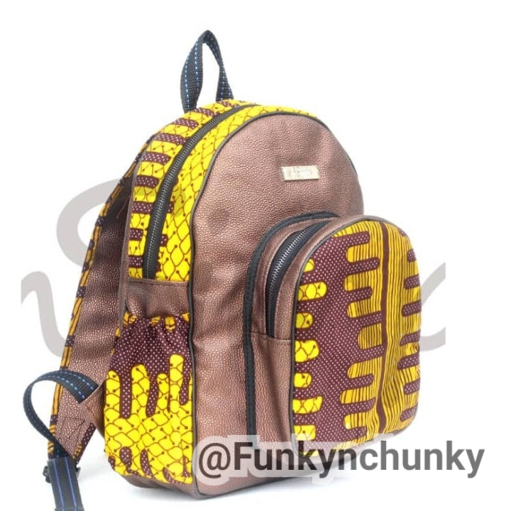 Leather and African print mini backpack - brown metallic