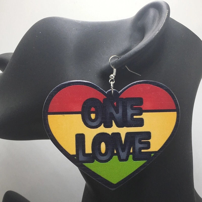 One Love Heart Shaped - Wooden Earrings