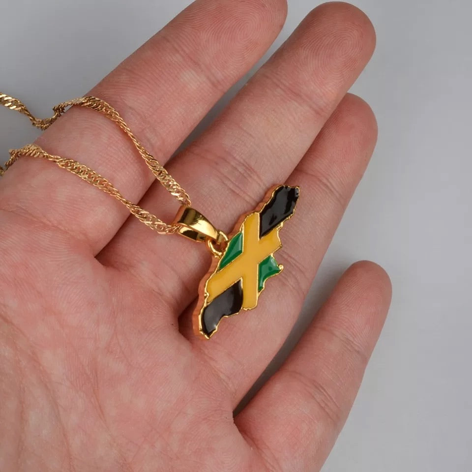 Jamaica Map and National Flag Pendant Necklace