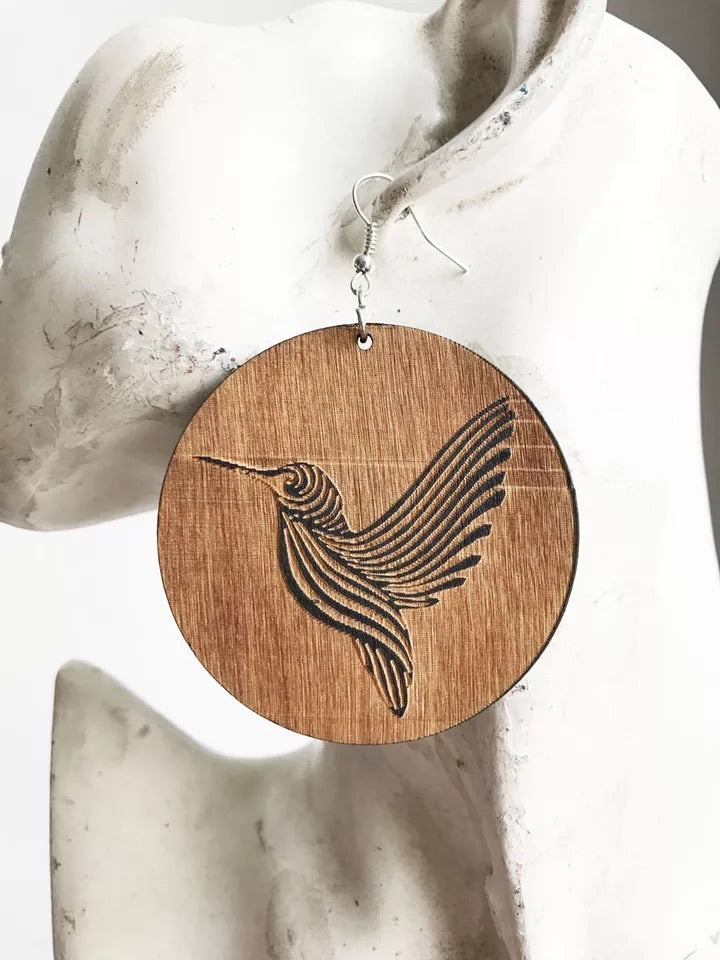 Hummingbird Sankofa - wooden drop earrings