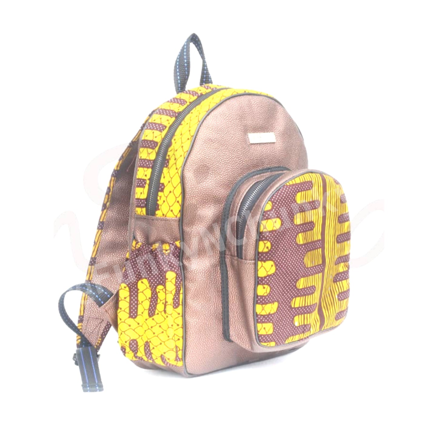 Leather and African print backpack - Golden brown small