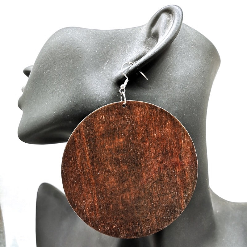 Large round wooden earrings - Brown