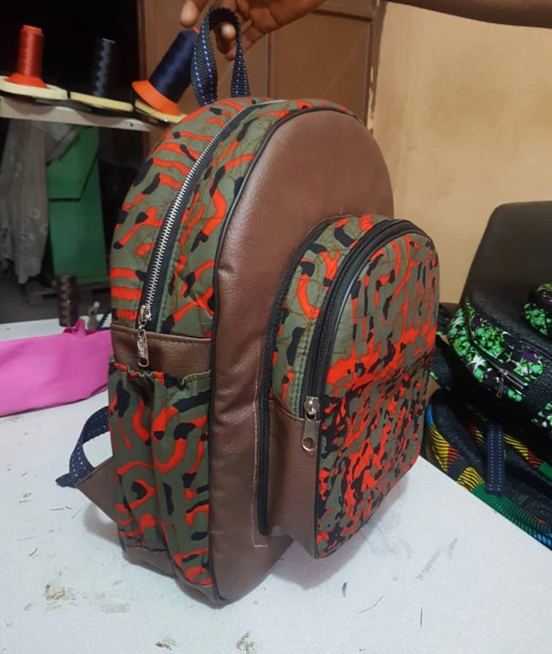 Leather and African print backpack - Brown