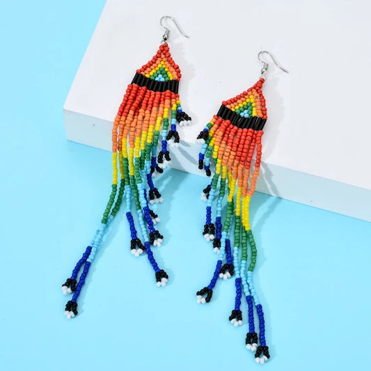 Bohemian Handmade Multi Beaded Long Tassel Earrings For Women Seed Bead Statement Dangle Earrings Ethnic Jewelry