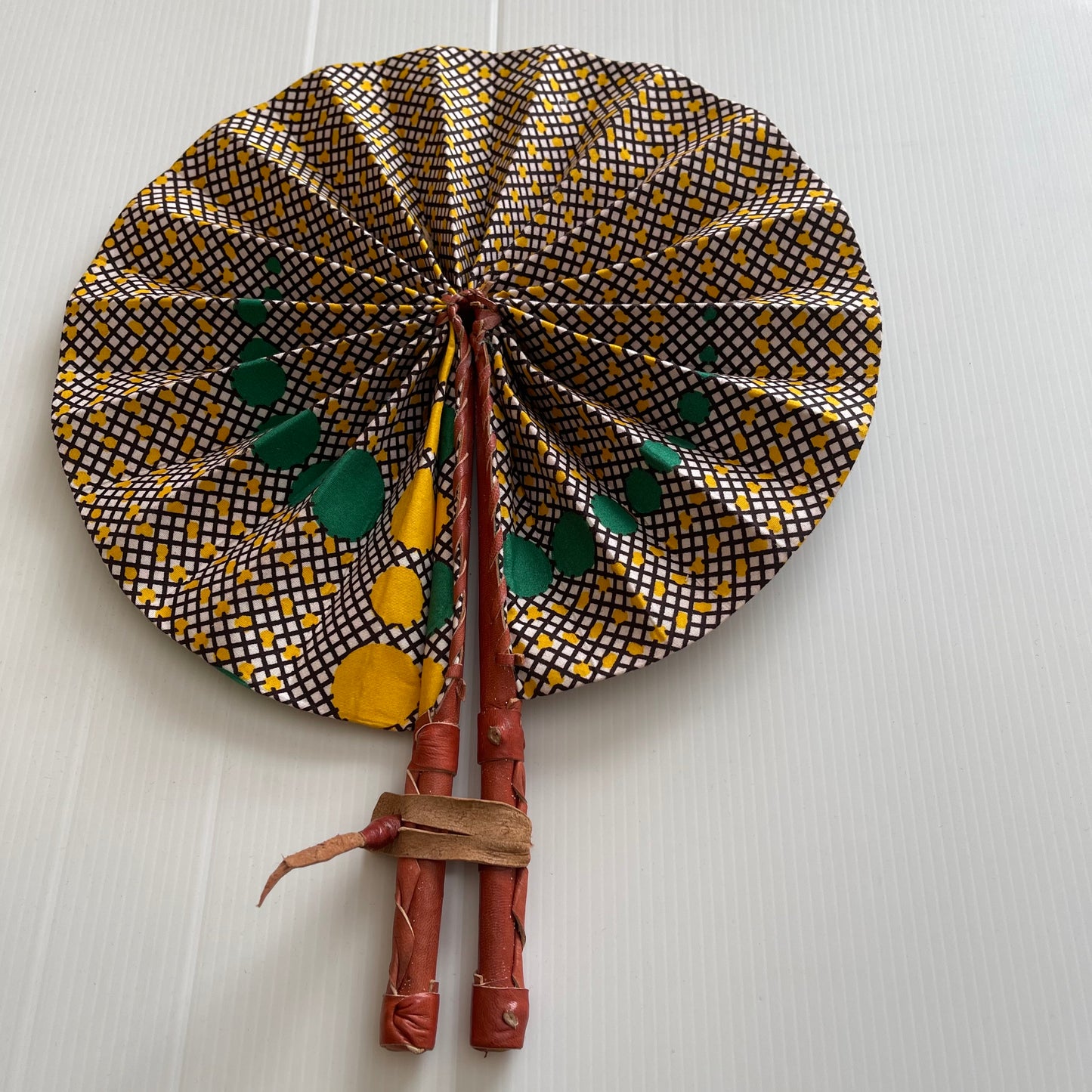 African Leather Green and Yellow geometric print Folding Fan