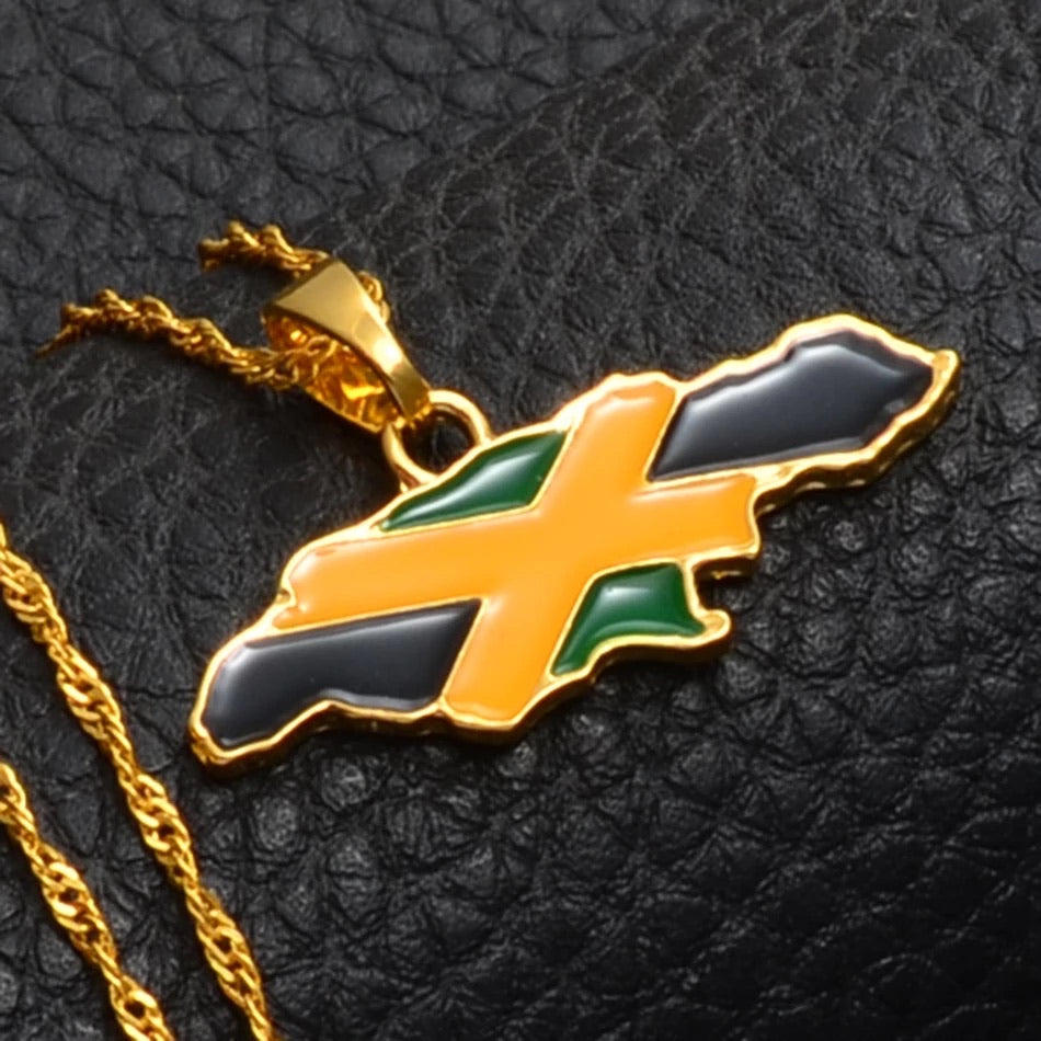 Jamaica Map and National Flag Pendant Necklace