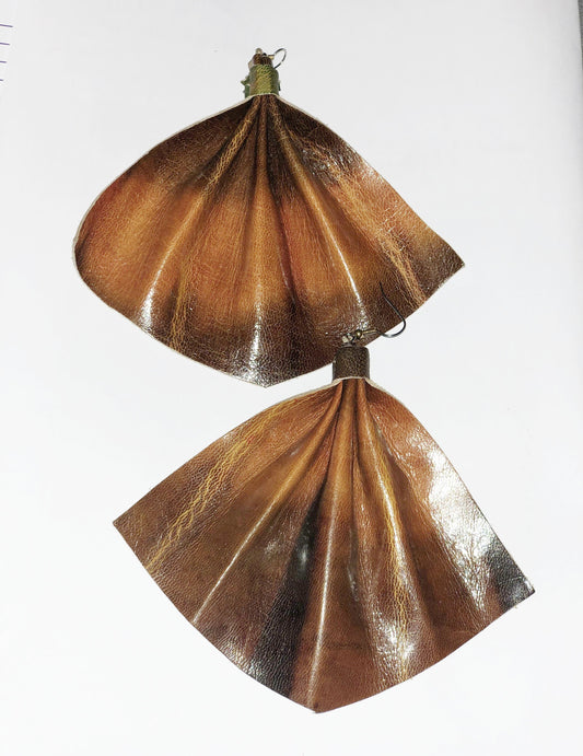 Handmade leather fan shaped statement earrings - batik tan