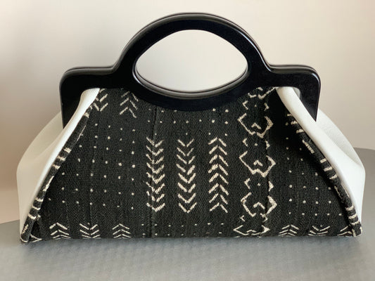 White leather and black Mud cloth Handbag