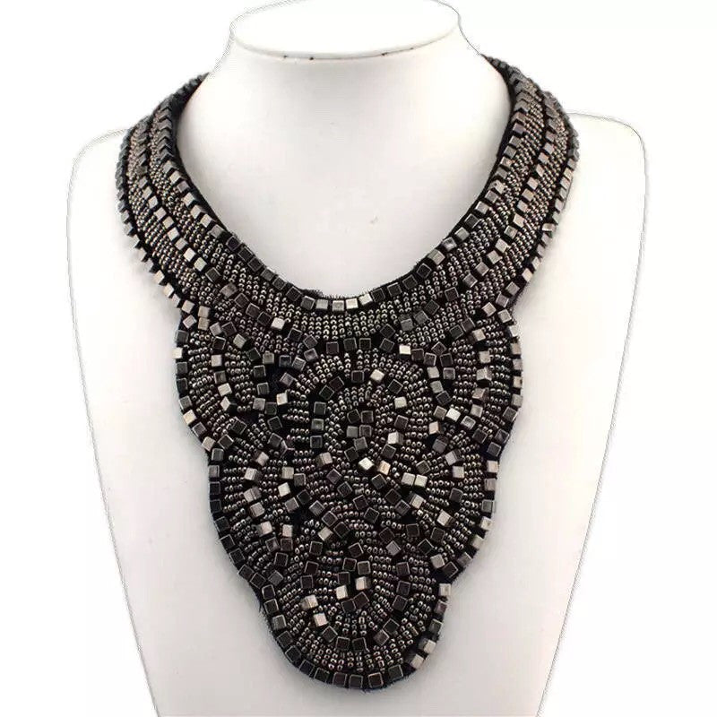 Grey and silver bib statement necklace - handmade