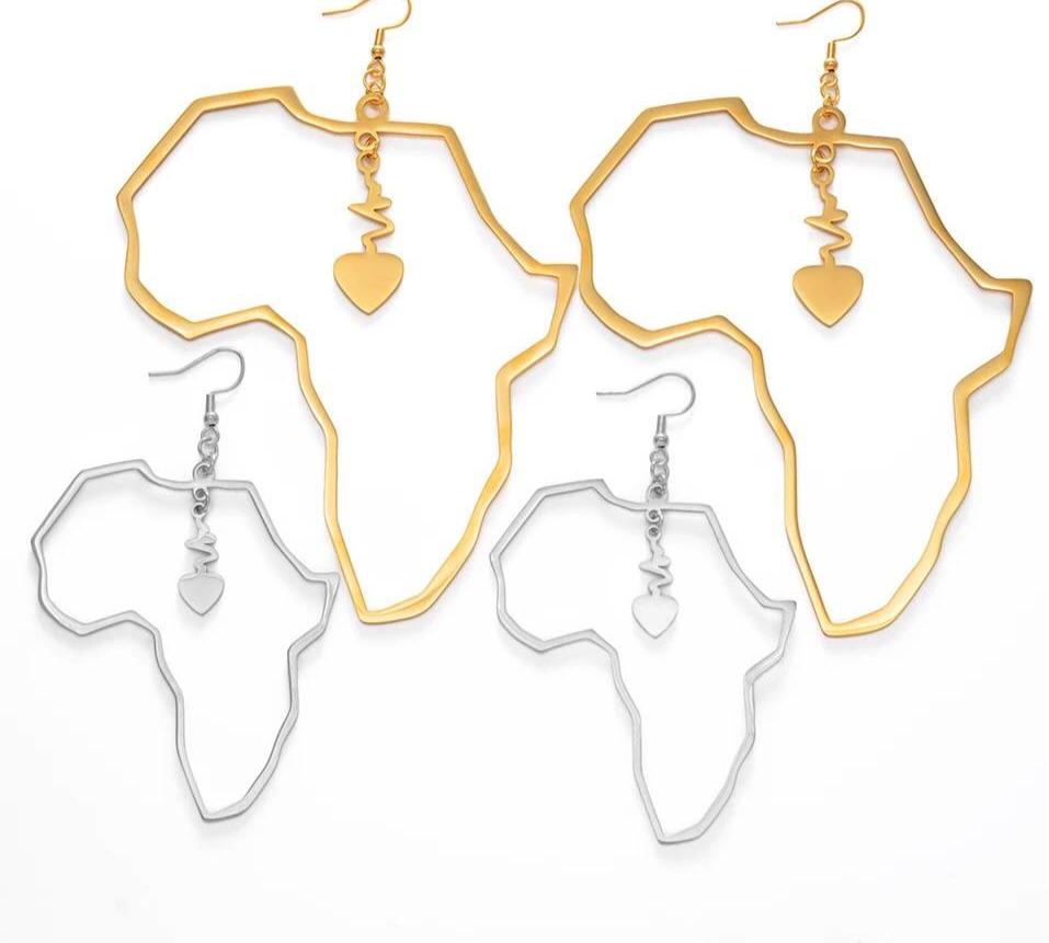 Gold Heart African Map - 11cm Earrings
