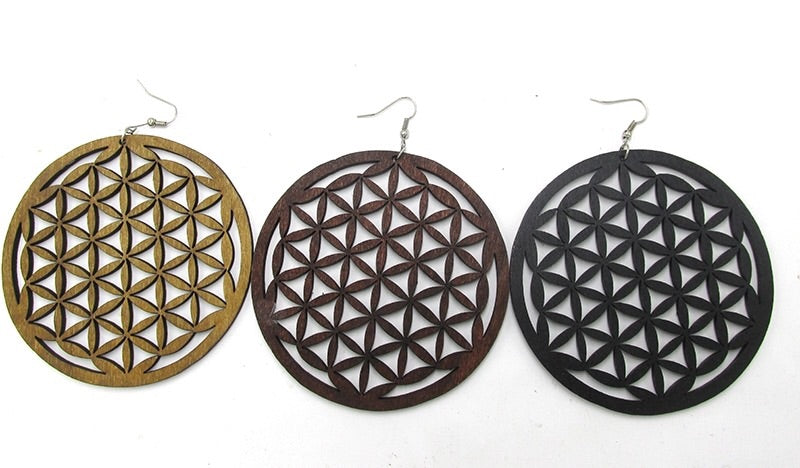 Large circular shaped intricate Wooden Earrings - 3”
