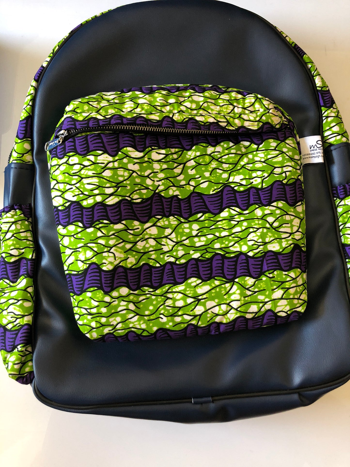 Leather and African print backpack - dark blue