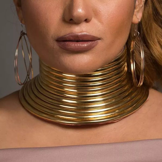Gold and Silver Leather Choker Collar Necklace