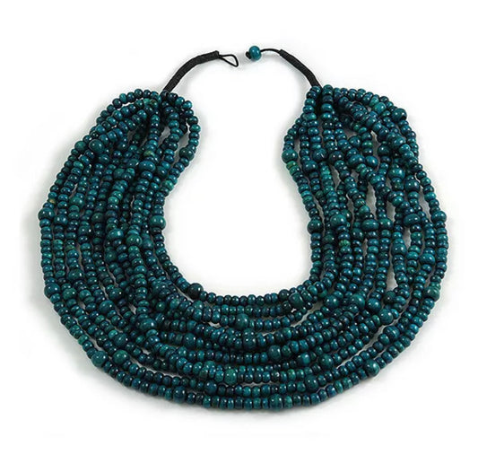 Multistrand Wooden Bead Necklace In Teal