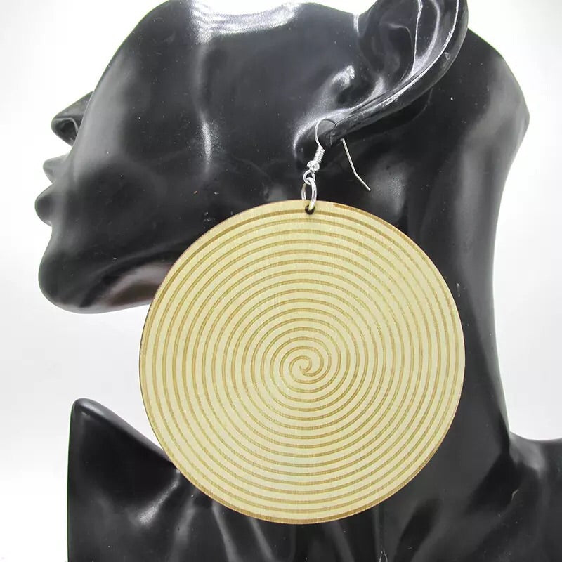 Large Swirl Wooden Disc Earrings