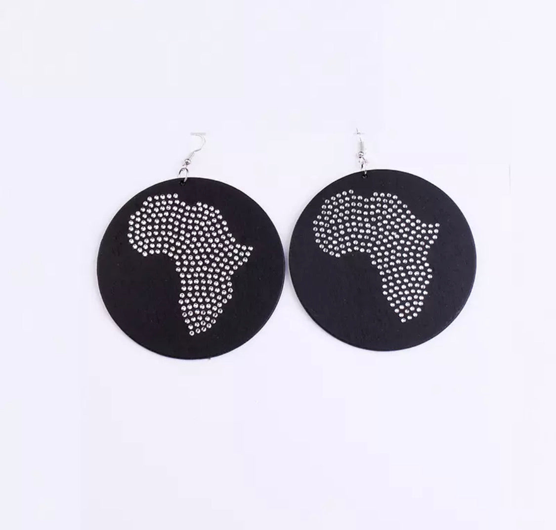 African Map Rhinestone Wooden Earrings - Circle