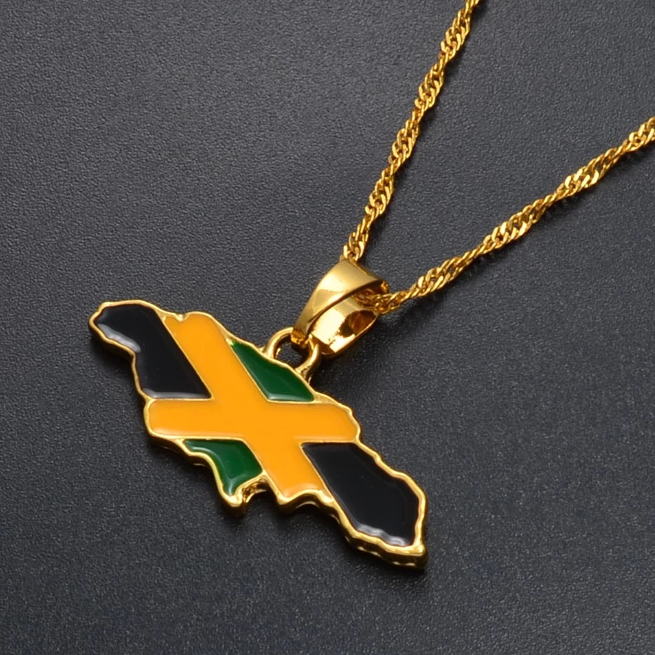 Jamaica Map and National Flag Pendant Necklace