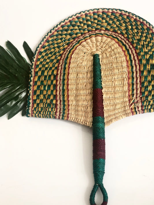 Green Beautiful handwoven and decorative Bolga fan, hand fan, African fan, Ghanaian fan