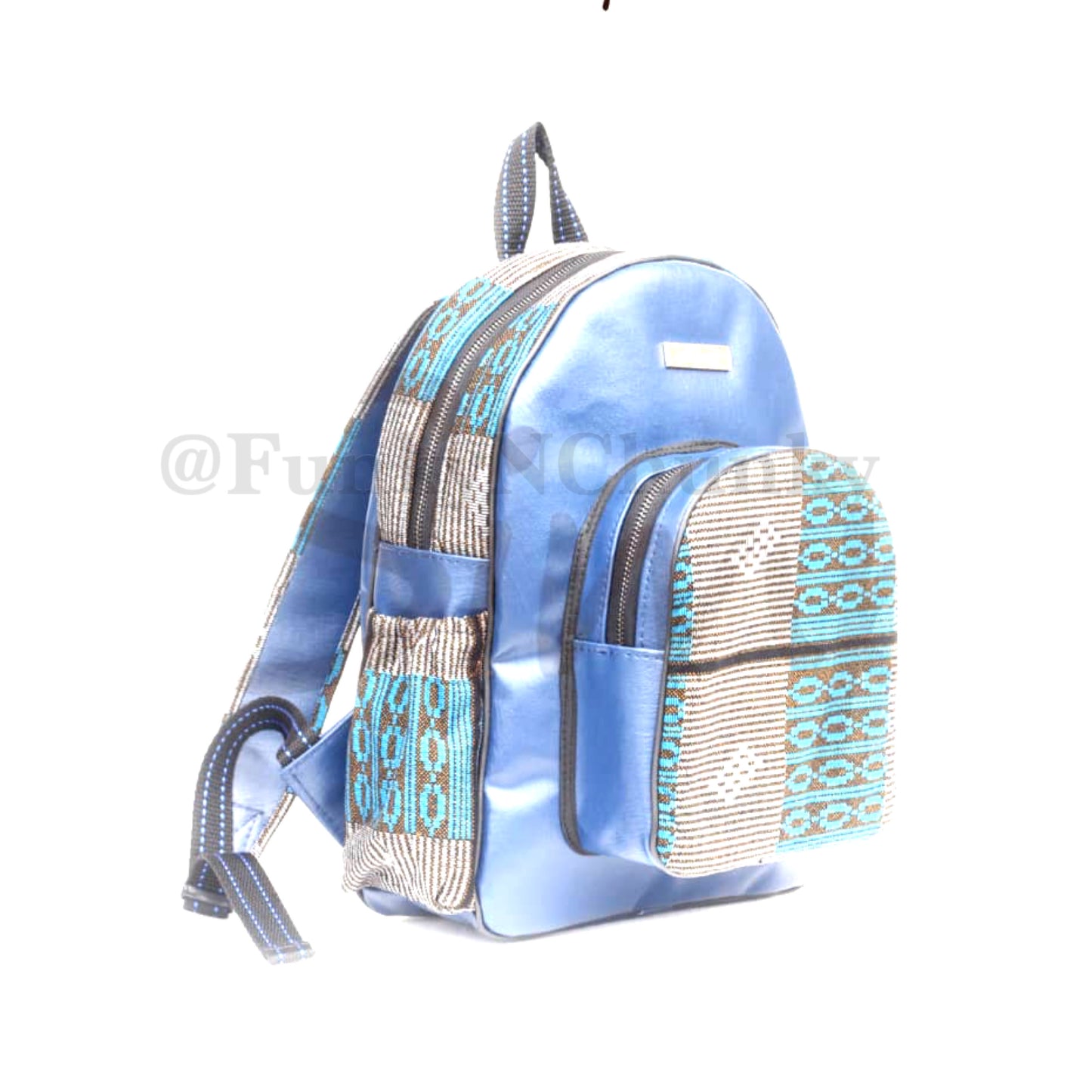 Blue Leather and African print backpack