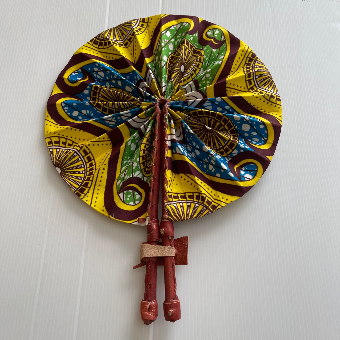 Yellow and blue African Leather Folding Fan