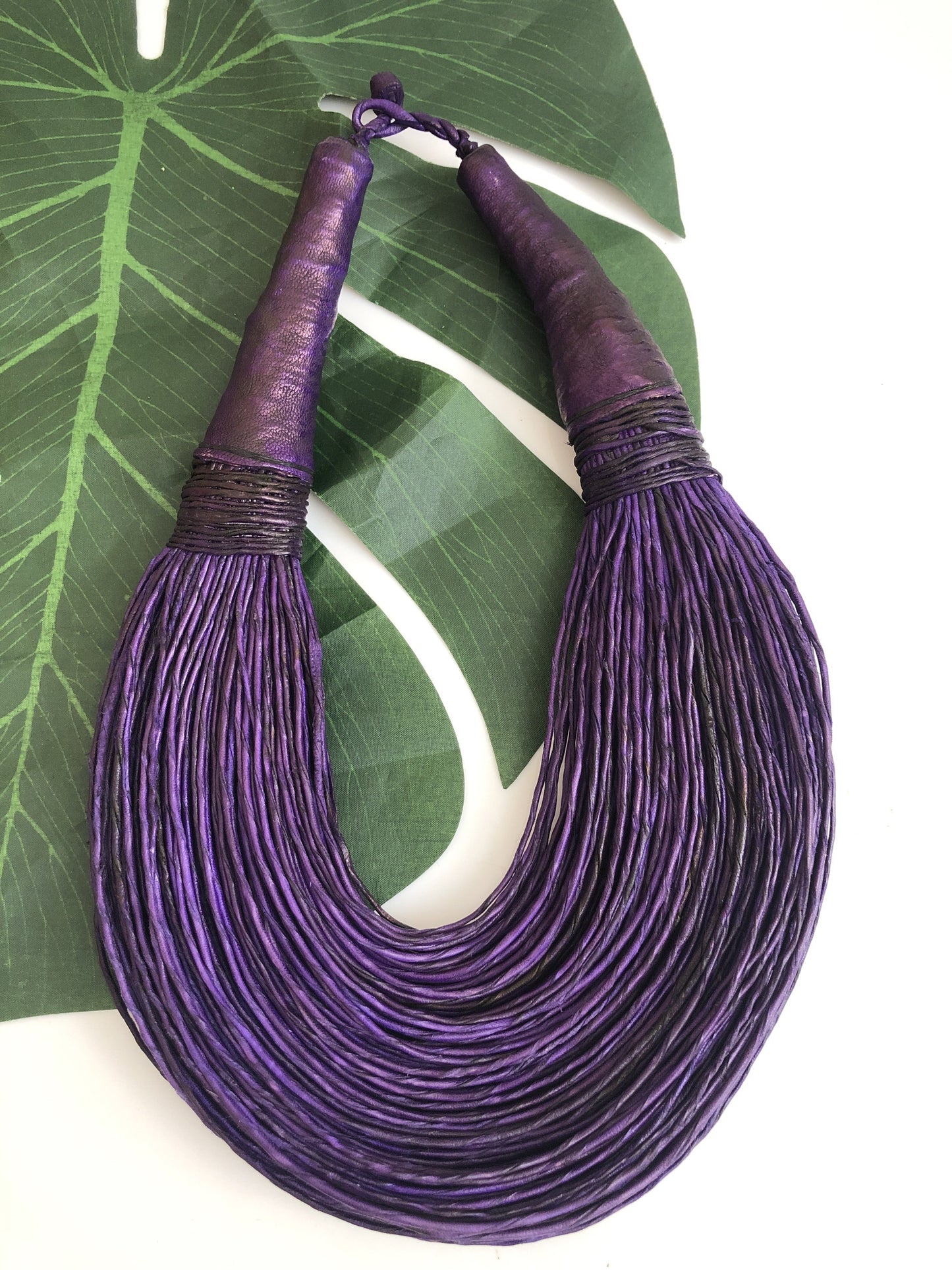 Purple leather layered statement necklace