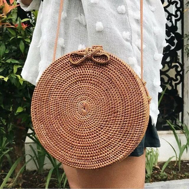Bali Island Hand Woven Rattan Straw Bags Satchel Circle Bag