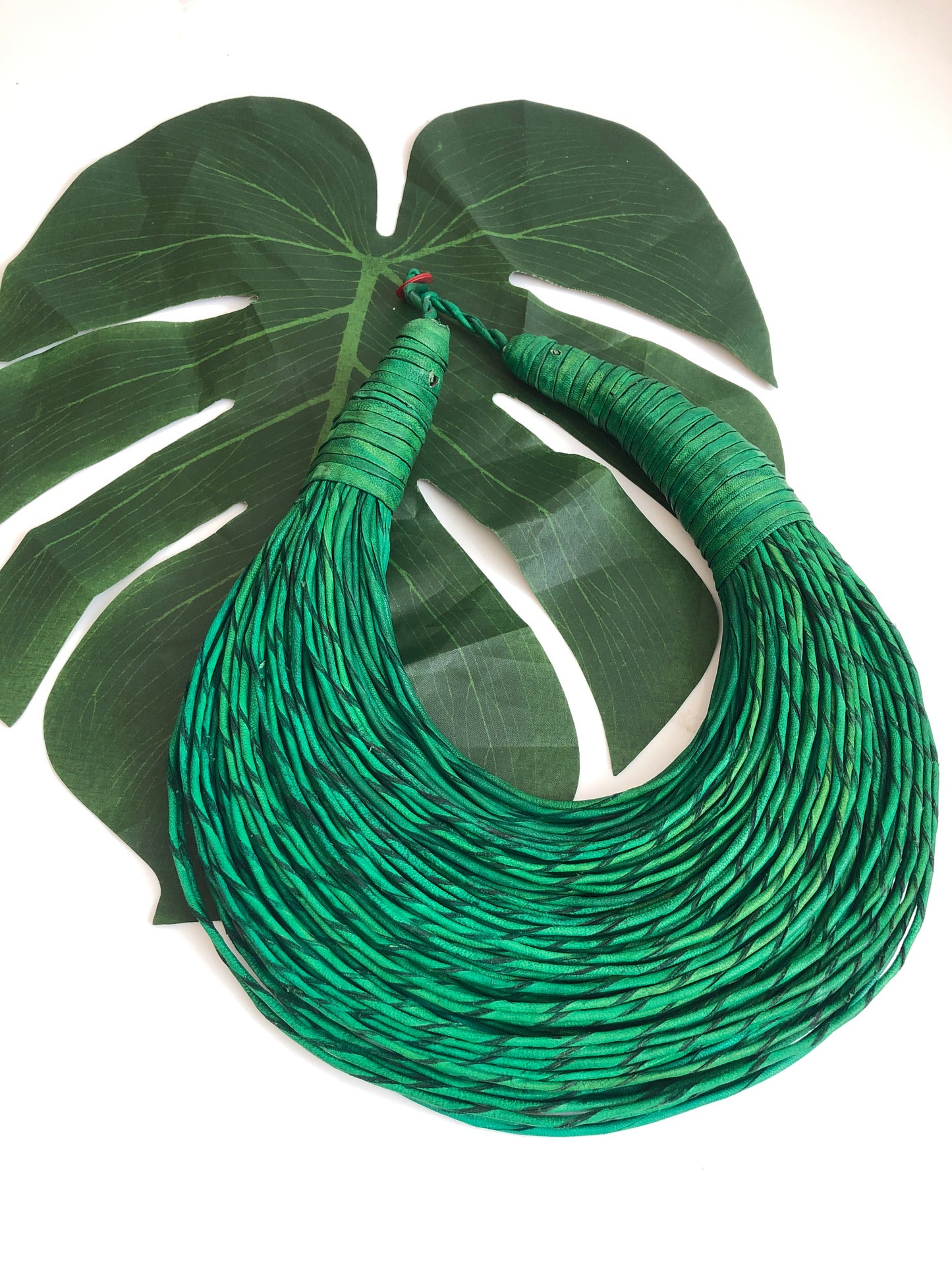 Green leather layered statement necklace