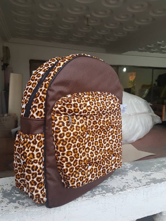 Brown Handmade Leather and African print backpack - Brown