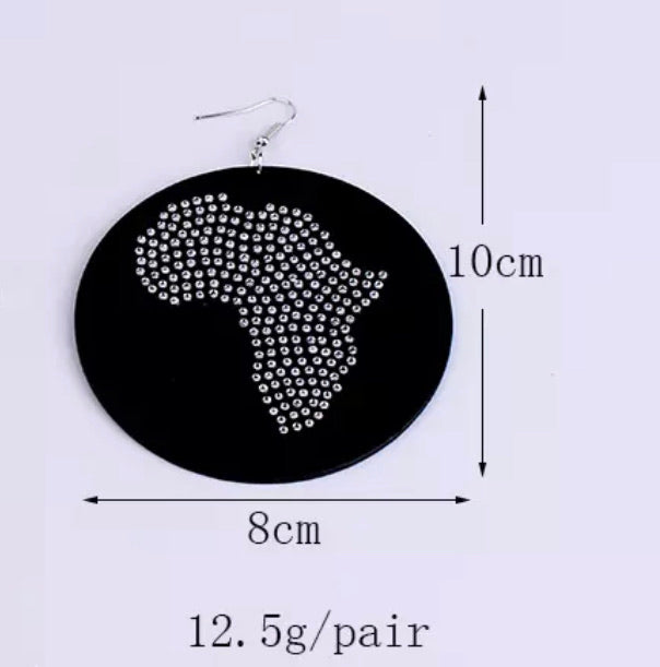 African Map Rhinestone Wooden Earrings - Circle