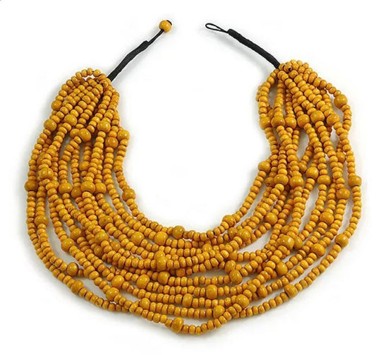 Multi-strand Wooden Bead Necklace In Mustard