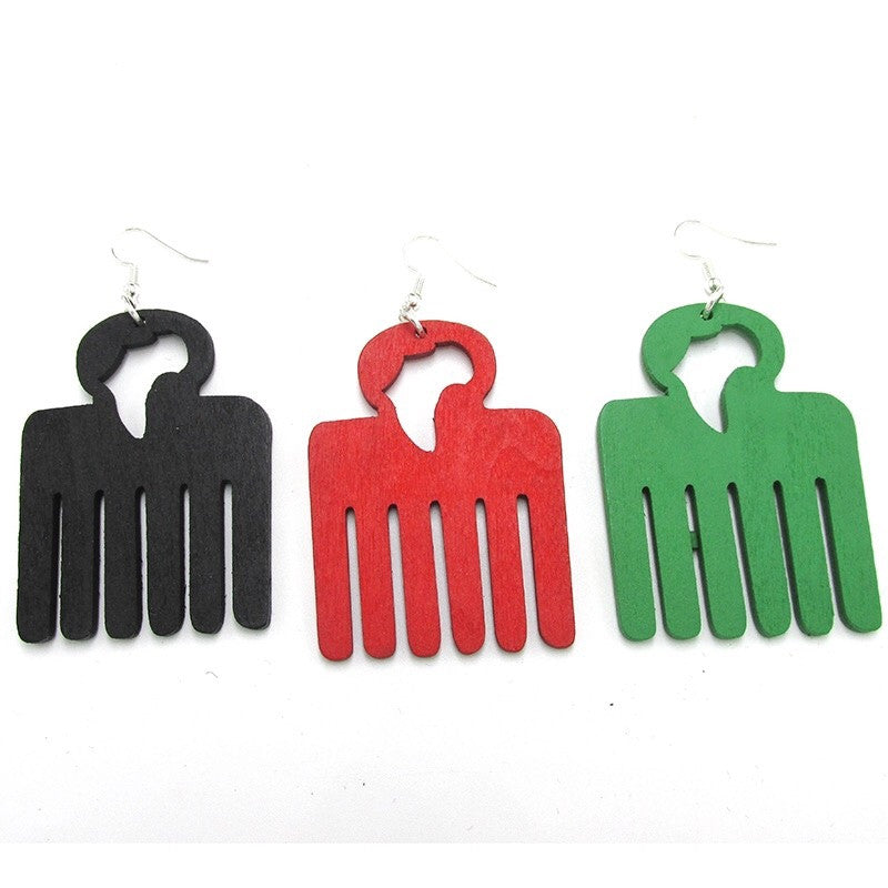 Afro comb wooden earrings