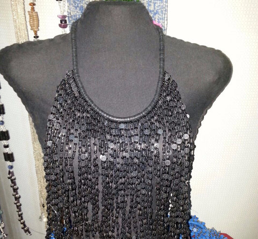 Black bead layered statement necklace