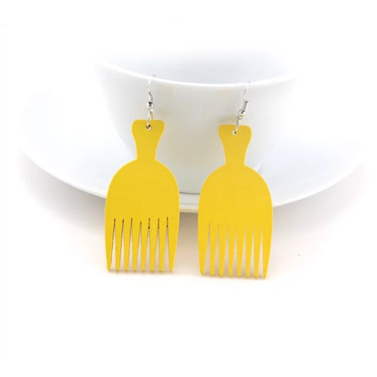 Yellow Afro Comb Wooden Earrings